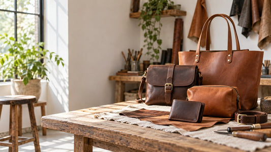 a curated collection of handmade-style leather bags and accessories arranged in a warm craft studio