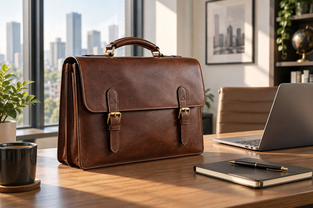 Unbranded vintage leather briefcase styled on a professional desk