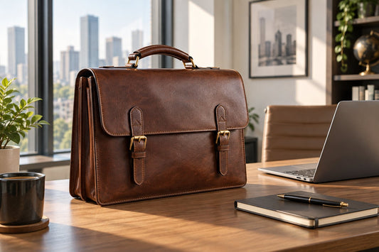 Unbranded vintage leather briefcase styled on a professional desk
