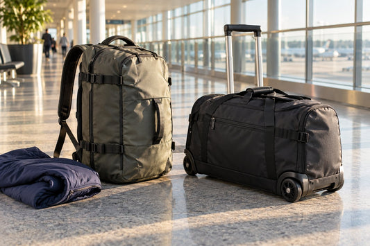 Backpack duffle compared with a wheeled duffle in an airport