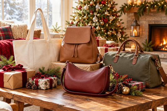 Christmas gift guide featuring unbranded canvas tote, leather backpack, sling bag, and weekender