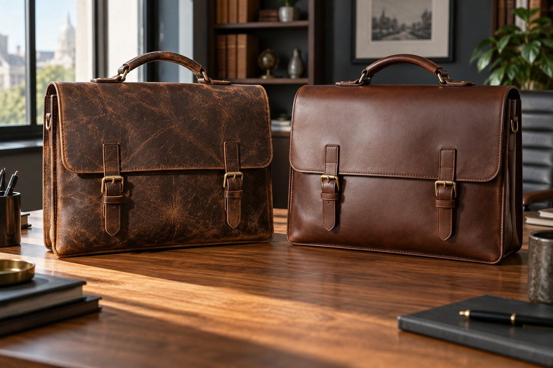 Full-grain and top-grain leather briefcases compared by surface and finish