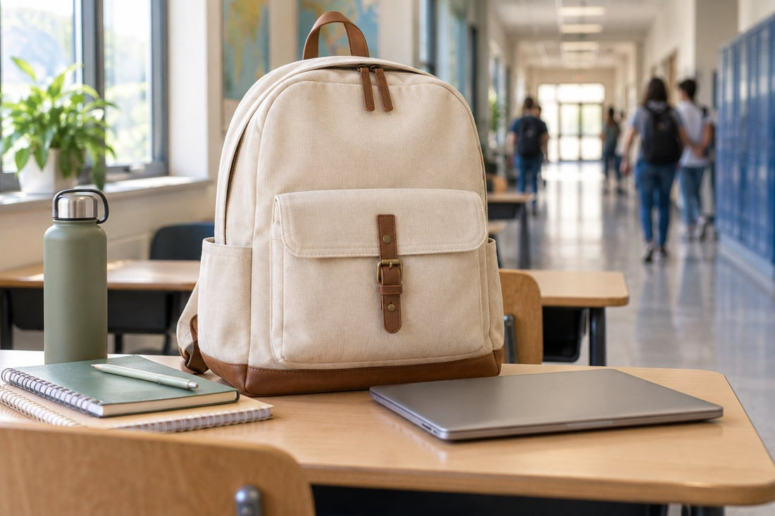 Cotton canvas backpack with school notebooks and laptop on a classroom desk