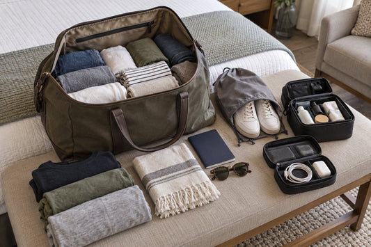 Unbranded weekender bag packed with a three-day travel wardrobe