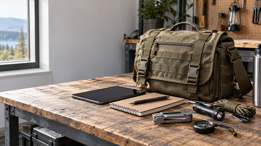 a tactical messenger bag arranged with a tablet, notebook and compact outdoor tools on a workbench