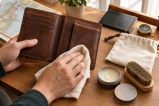 Leather travel wallet receiving gentle care with a cloth, brush, and conditioner