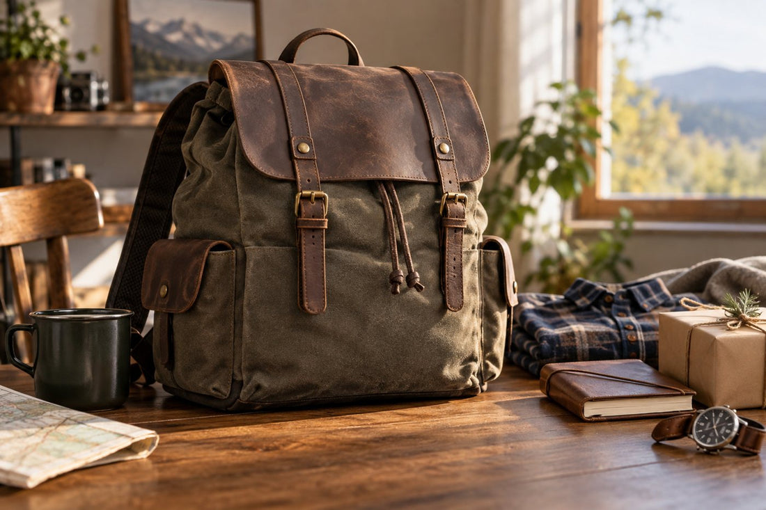 Leather and canvas backpack arranged as a Father's Day gift