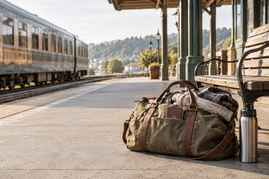 a vintage canvas duffle bag packed beside a train platform bench, passport and folded clothing