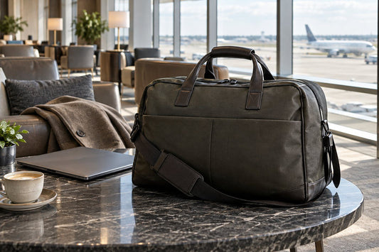 Soft-sided carry-on bag in an airport lounge with polished proportions