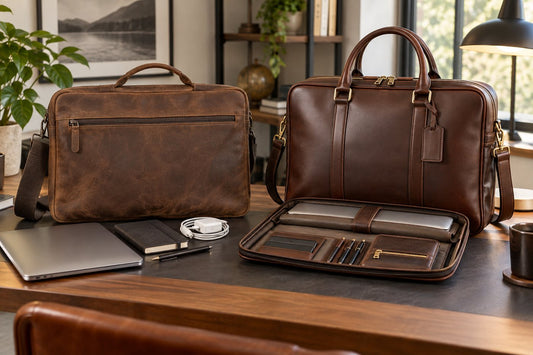 Practical and premium leather laptop bags compared on a professional desk
