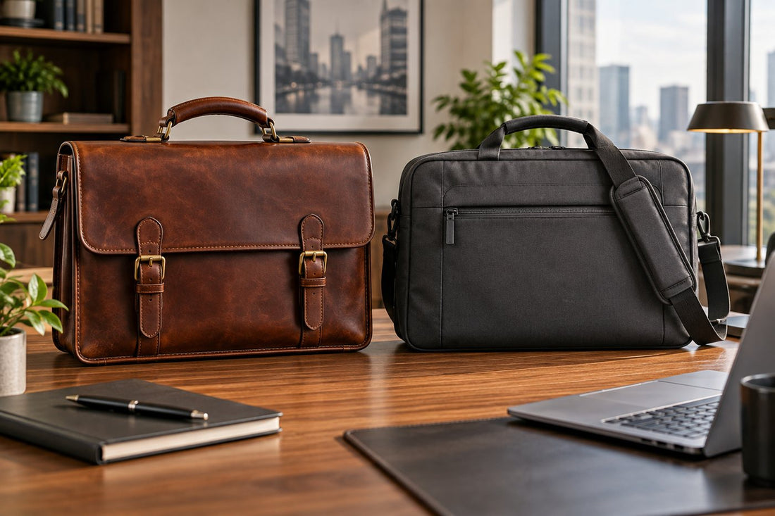 Vintage leather briefcase compared with a modern laptop bag