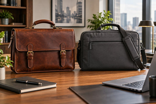 Vintage leather briefcase compared with a modern laptop bag
