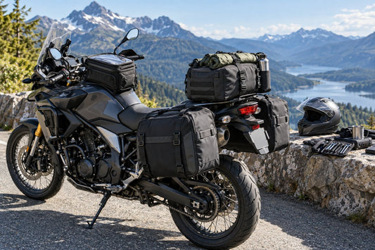 Touring motorcycle fitted with saddlebag, tank bag, and tail bag