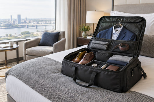 a garment duffel open in a hotel room with a neatly folded jacket, shoes and travel accessories