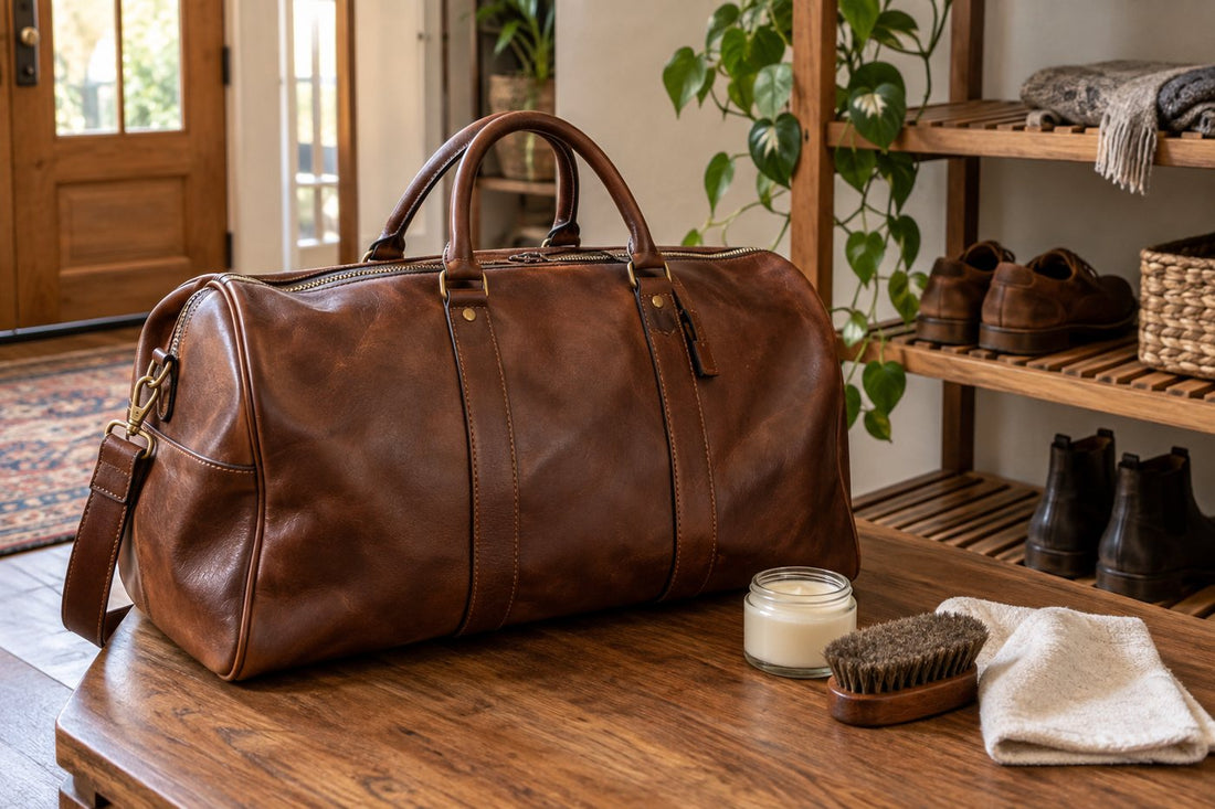 Genuine leather duffle beside a cloth, brush, and neutral care tools