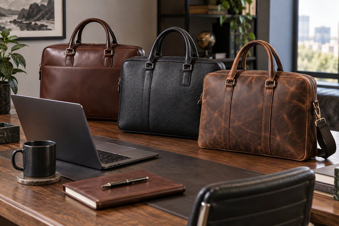 Three leather finishes compared beside an unbranded laptop bag