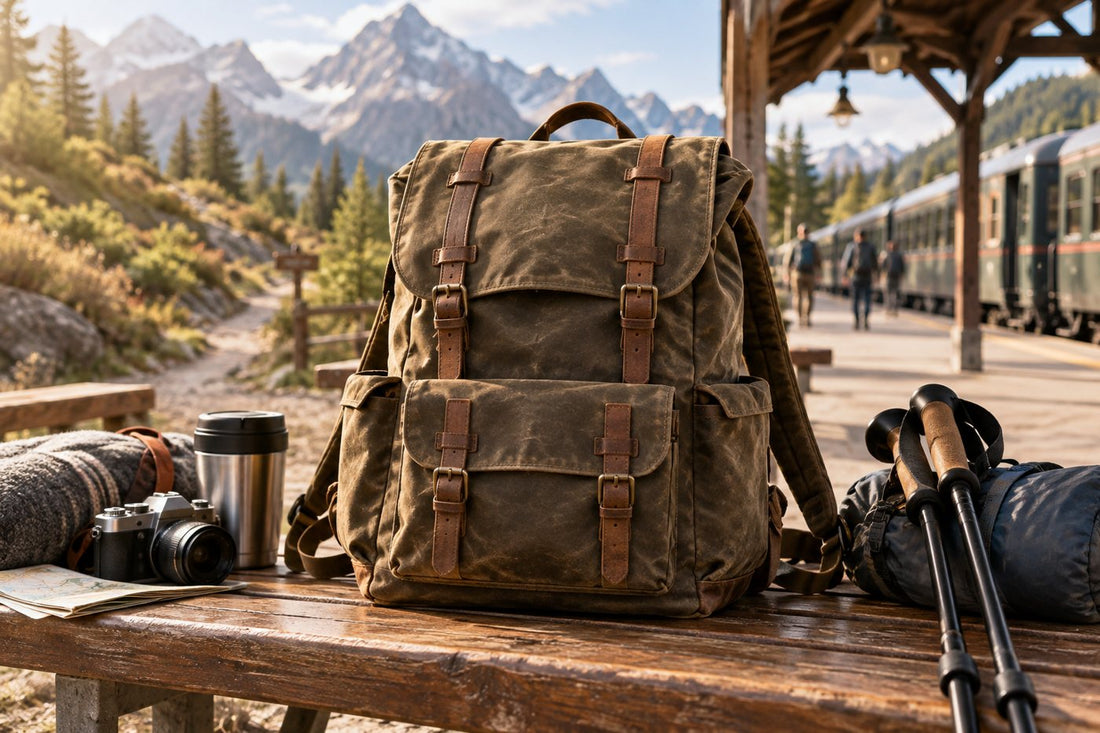 Waxed canvas travel backpack staged for a mountain and rail journey