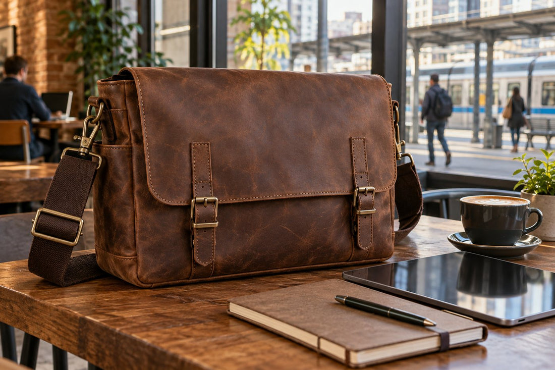 Vintage leather messenger bag shown with strap, flap, and hardware details