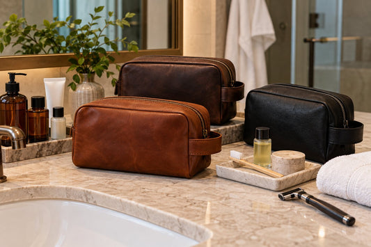 Leather toiletry bags arranged with organized hotel grooming essentials