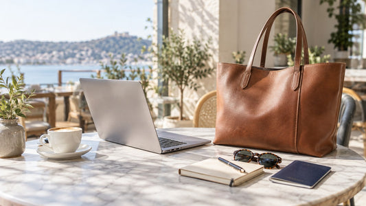 a genuine leather tote on a bright café table beside a laptop, notebook, sunglasses and passport