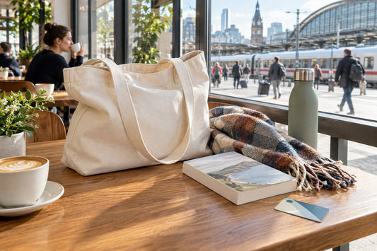 Unbranded canvas tote prepared for city travel