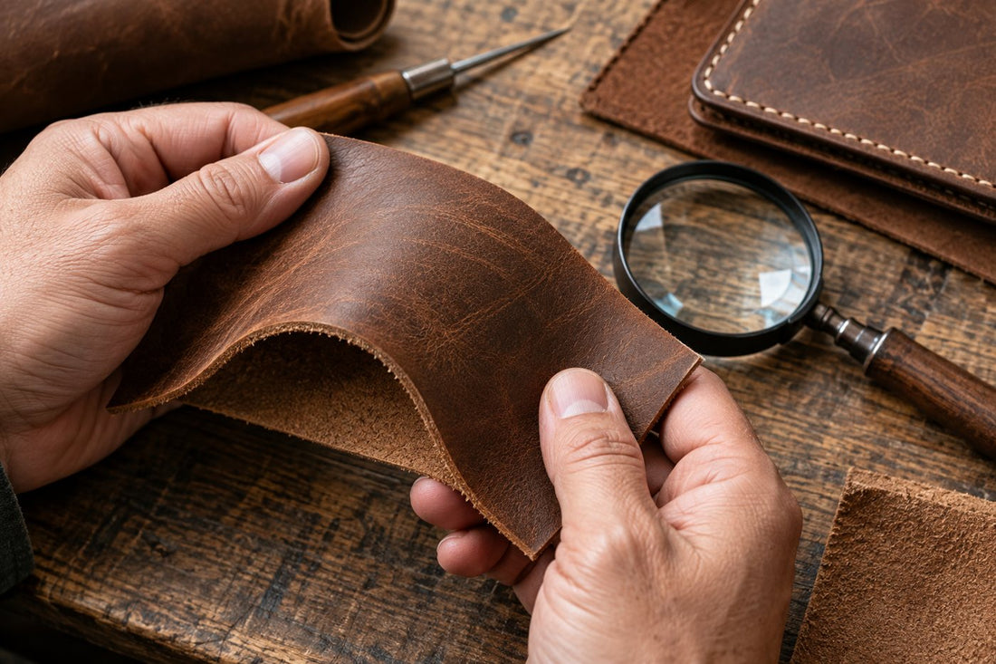 Hands inspecting Crazy Horse leather grain, edge, and stitching