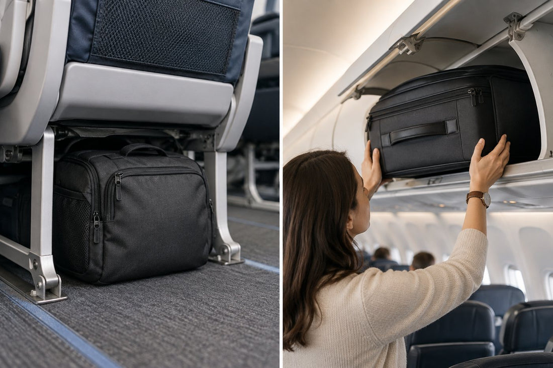 Personal item compared with a carry-on inside an airplane cabin