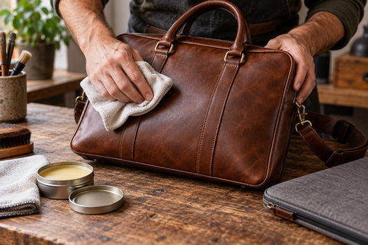 Hands gently cleaning and conditioning an unbranded leather laptop bag