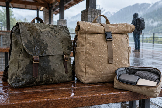 Canvas bags compared in rainy weather by water-beading performance