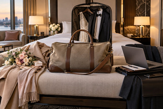 Versatile weekender bag shown with romantic, wedding, and business travel essentials