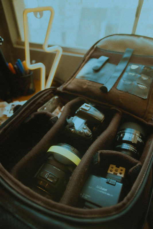 Camera bag with photography gear for travel