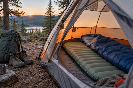 Camping sleeping pad and sleeping bag arranged inside a backpacking tent