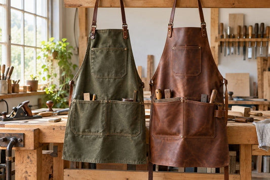 Olive canvas and brown leather work aprons hanging side by side in a woodworking shop
