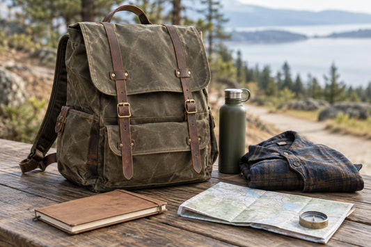 Waxed canvas backpack prepared for everyday outdoor and travel use