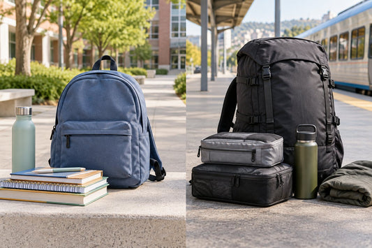 School backpack and travel backpack compared in different settings