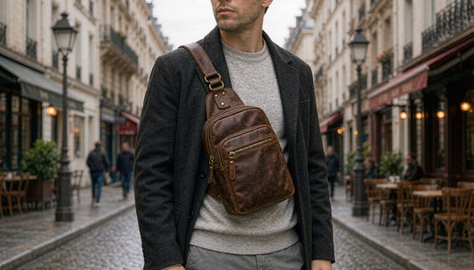 Man wearing a brown crazy horse leather chest sling bag on a European city street