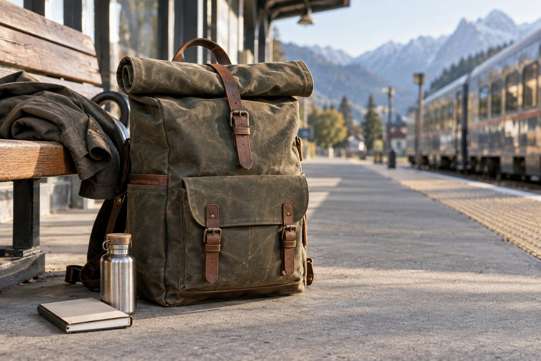 Waxed canvas roll-top backpack ready for train travel