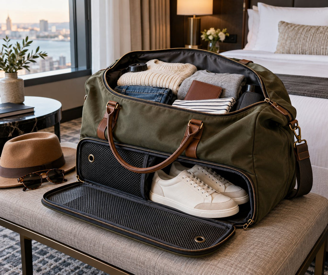 Stylish weekender bag open with a separate shoe compartment for travel