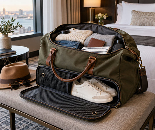 Stylish weekender bag open with a separate shoe compartment for travel
