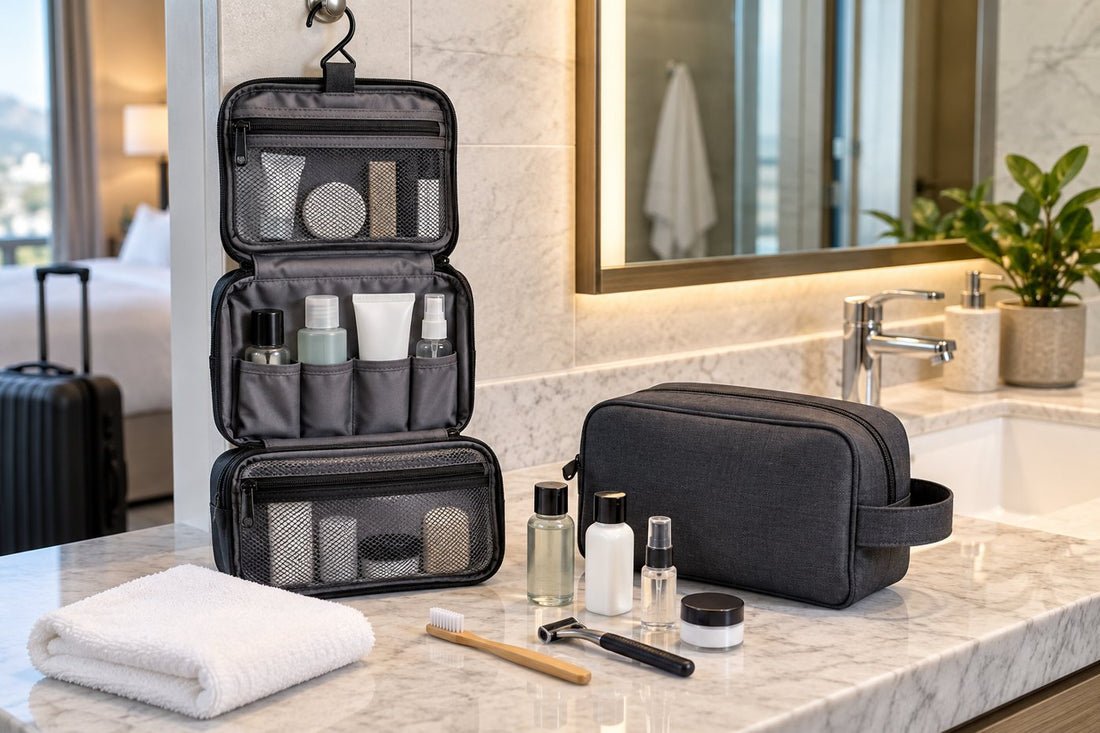 Travel toiletry bags arranged with bottles and grooming tools