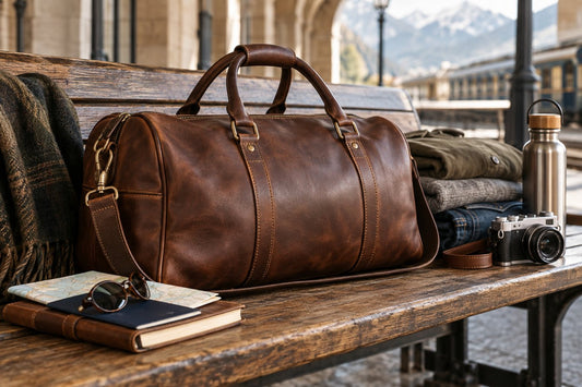 Leather duffle shown with reinforced handles and travel essentials