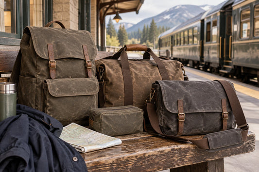Waxed canvas backpack, duffle, and messenger bag arranged for travel