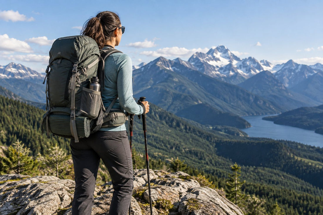 Hiker wearing a fitted backpack on a mountain trail