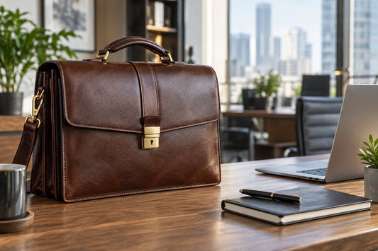 Genuine leather briefcase on a professional office desk