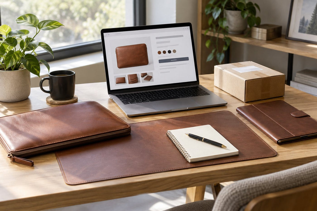 Online store legitimacy guide with leather office accessories, laptop sleeve, desk pad, and parcel on a workspace