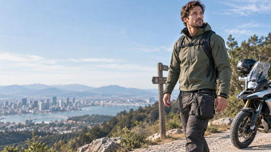 a traveler wearing a compact drop leg bag on an outdoor city walk near a motorcycle and a trailhead