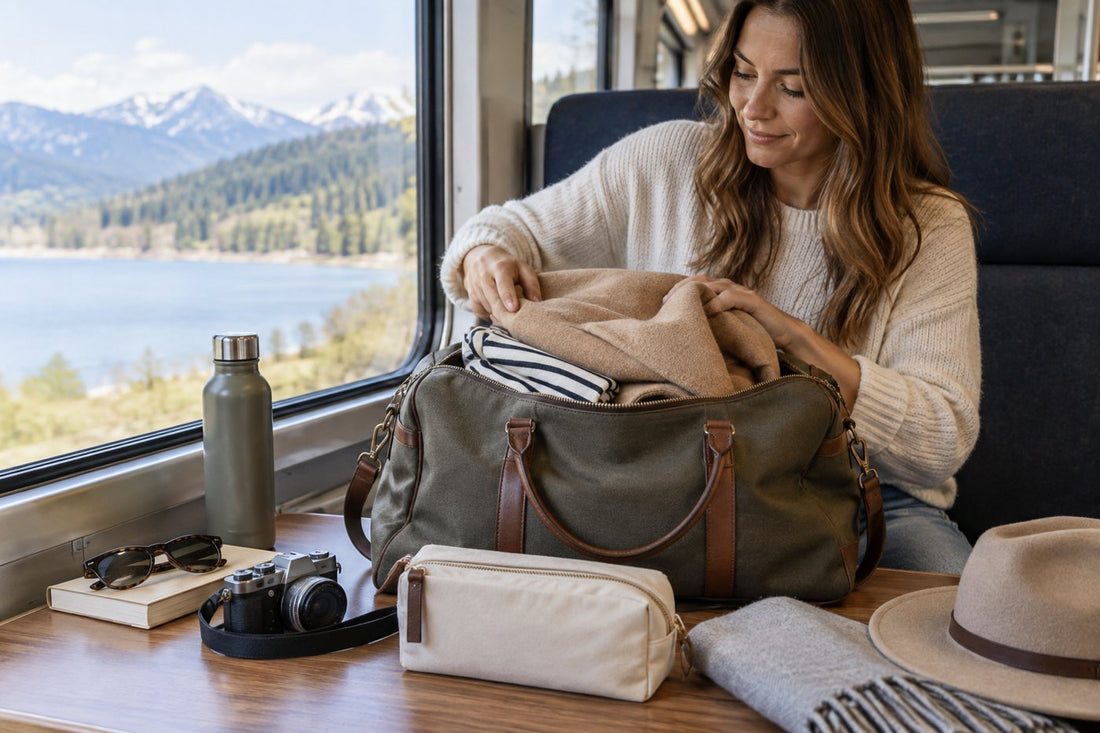 AI-generated a travel duffle or weekender bag editorial cover for The Weekender Bag for Every Occasion: Romantic, Wedding & Business Trips in 2026