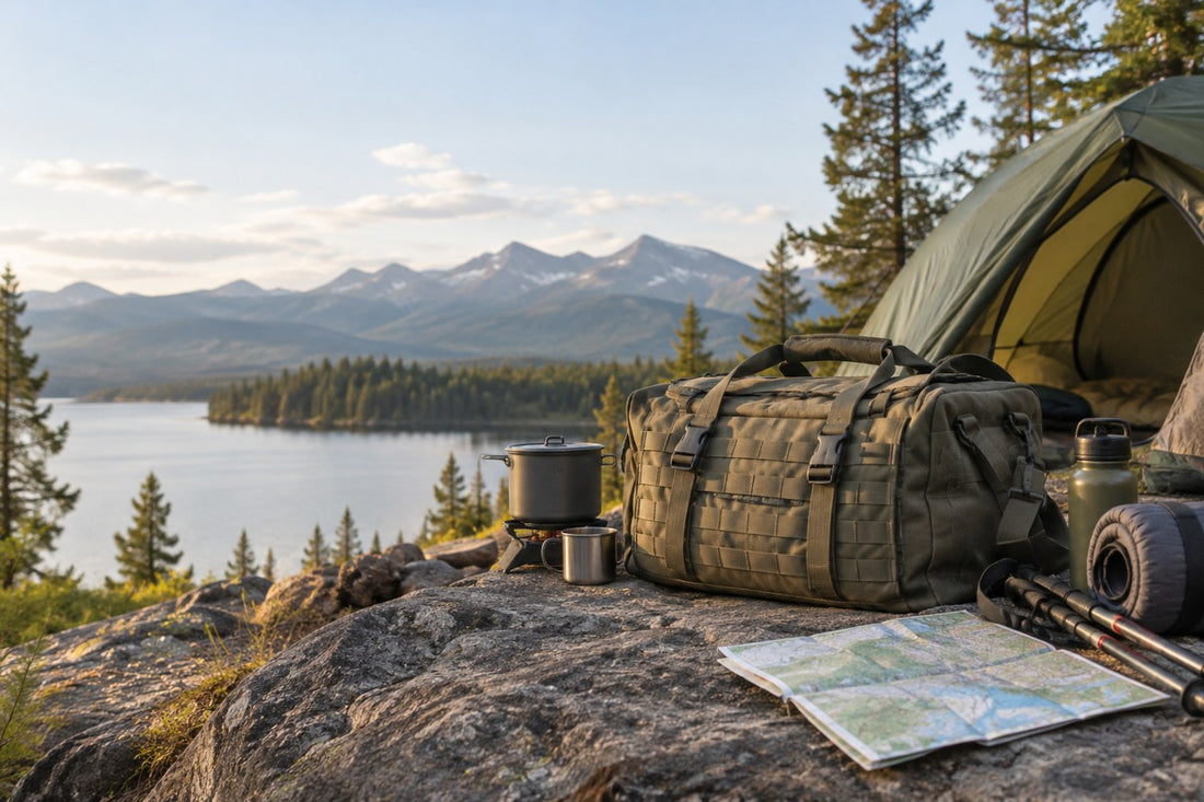 a tactical duffle bag loaded beside a campsite with outdoor equipment and a folded map