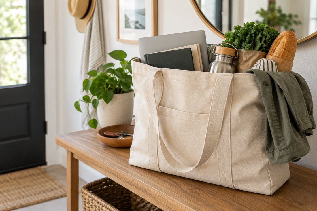 Canvas tote organized for work, shopping, travel, and everyday errands