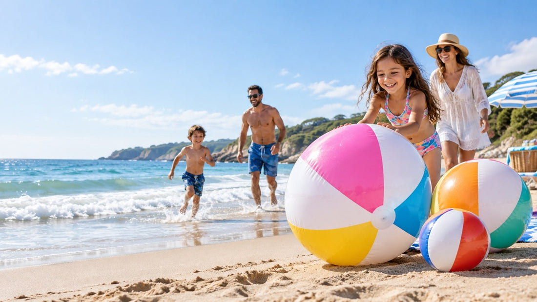 large colorful inflatable beach balls on a sunny beach with families playing in the background